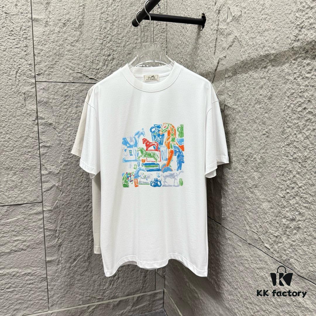 6931a29accd8ab3d7af96b19 Hermes 2025 Spring/Summer New Arrival Building Block Horse Print Custom Double Gauze Plain Cotton Short Sleeve T-Shirt Unisex
