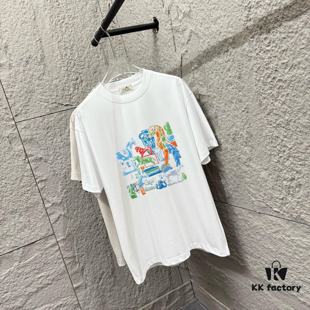 6931a29accd8ab3d7af96b1a Hermes 2025 Spring/Summer New Arrival Building Block Horse Print Custom Double Gauze Plain Cotton Short Sleeve T-Shirt Unisex