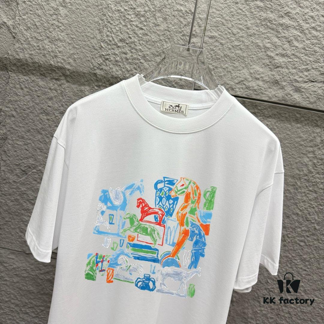 6931a29accd8ab3d7af96b1b Hermes 2025 Spring/Summer New Arrival Building Block Horse Print Custom Double Gauze Plain Cotton Short Sleeve T-Shirt Unisex