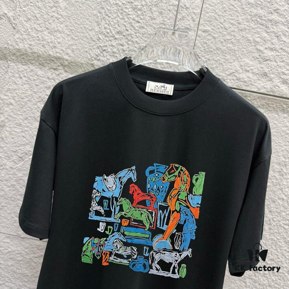 6931a29bccd8ab3d7af96b22 Hermes 2025 Spring/Summer New Arrival Building Block Horse Print Custom Double-Gauze Plain Cotton Short-Sleeve T-Shirt Unisex