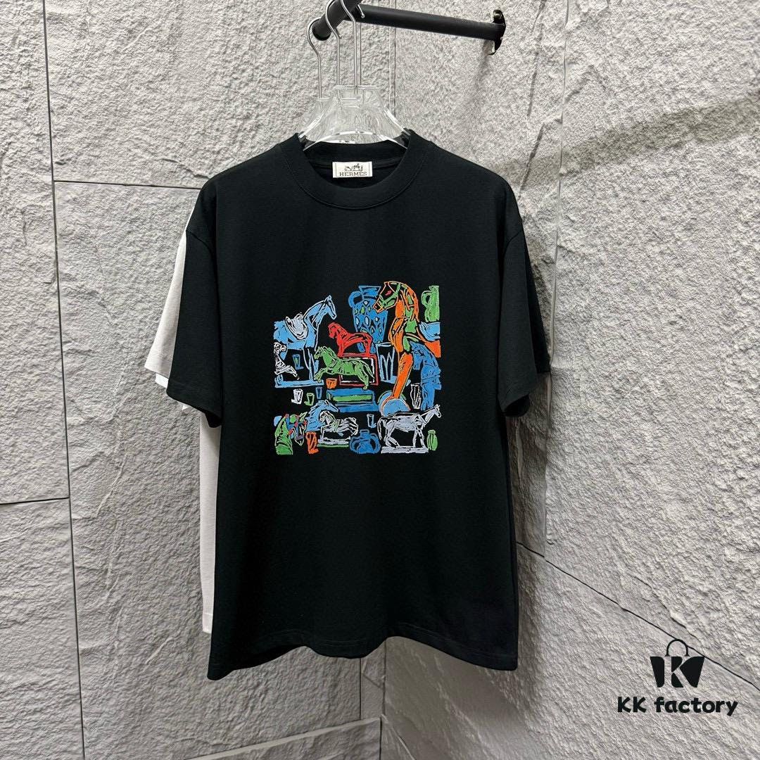 6931a29bccd8ab3d7af96b23 Hermes 2025 Spring/Summer New Arrival Building Block Horse Print Custom Double-Gauze Plain Cotton Short-Sleeve T-Shirt Unisex