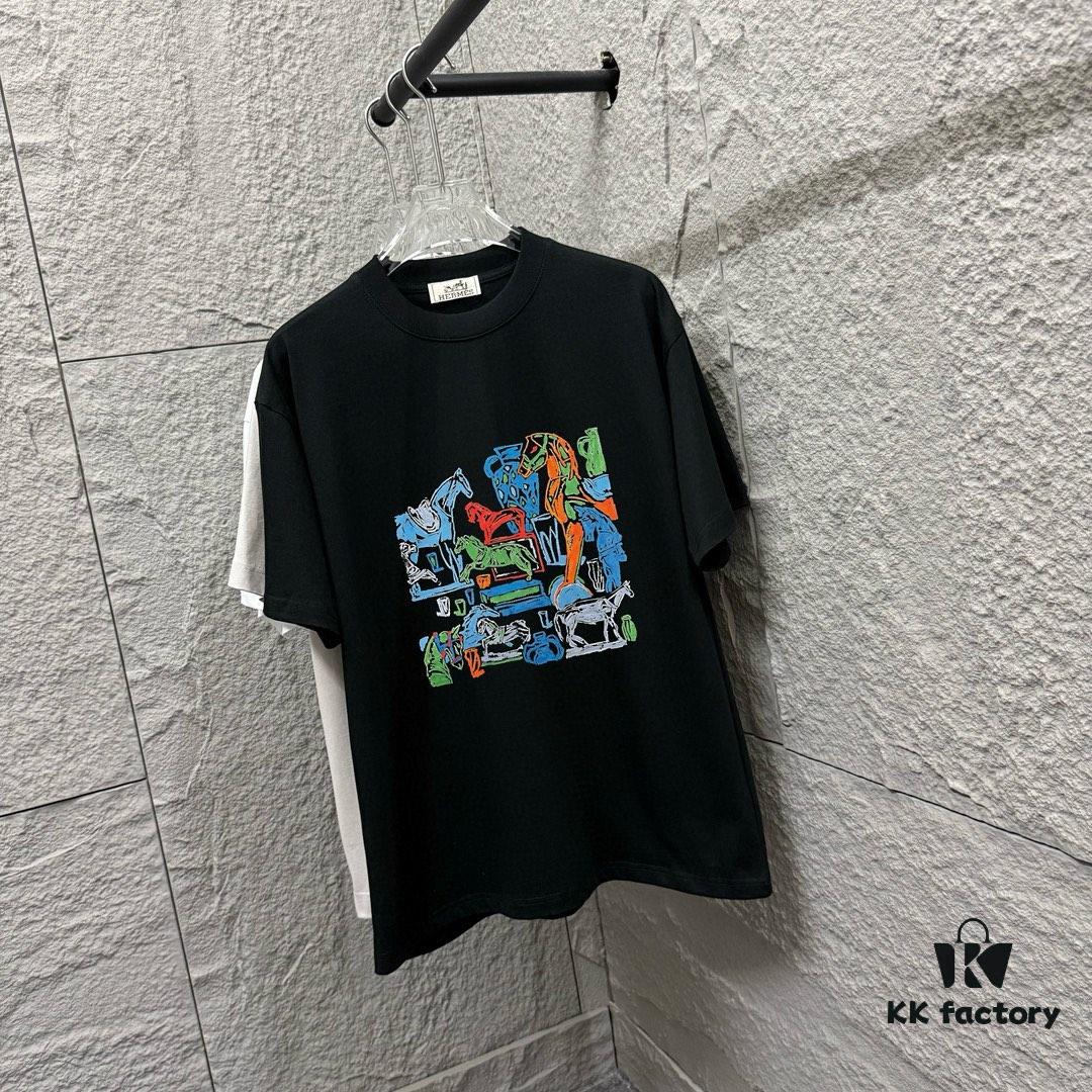 6931a29bccd8ab3d7af96b24 Hermes 2025 Spring/Summer New Arrival Building Block Horse Print Custom Double-Gauze Plain Cotton Short-Sleeve T-Shirt Unisex