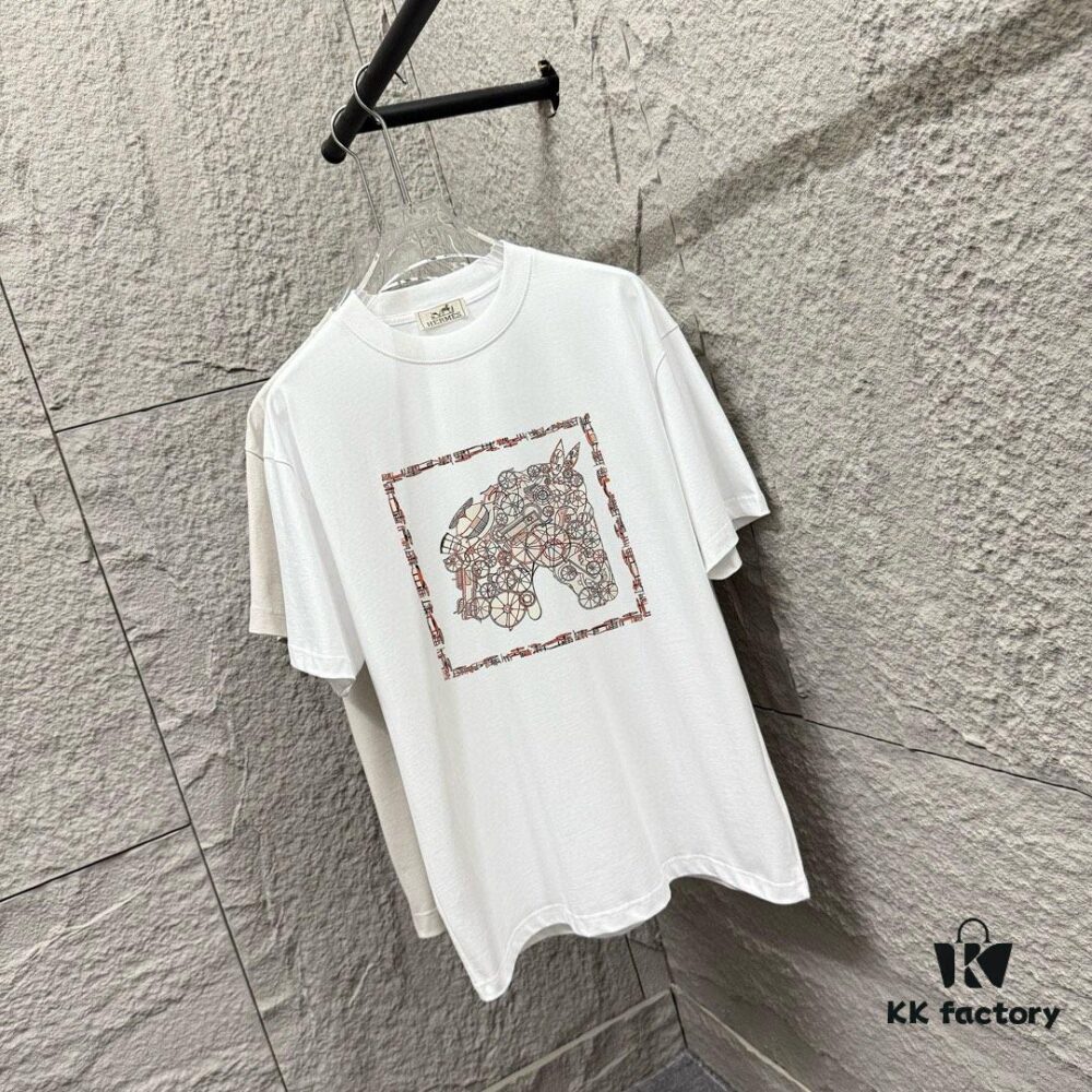 6931a29bccd8ab3d7af96b2b Hermes 2025 Spring/Summer New Arrival Mechanical Horse Print Custom Double Gauze Plain Cotton Short Sleeve T-Shirt Unisex