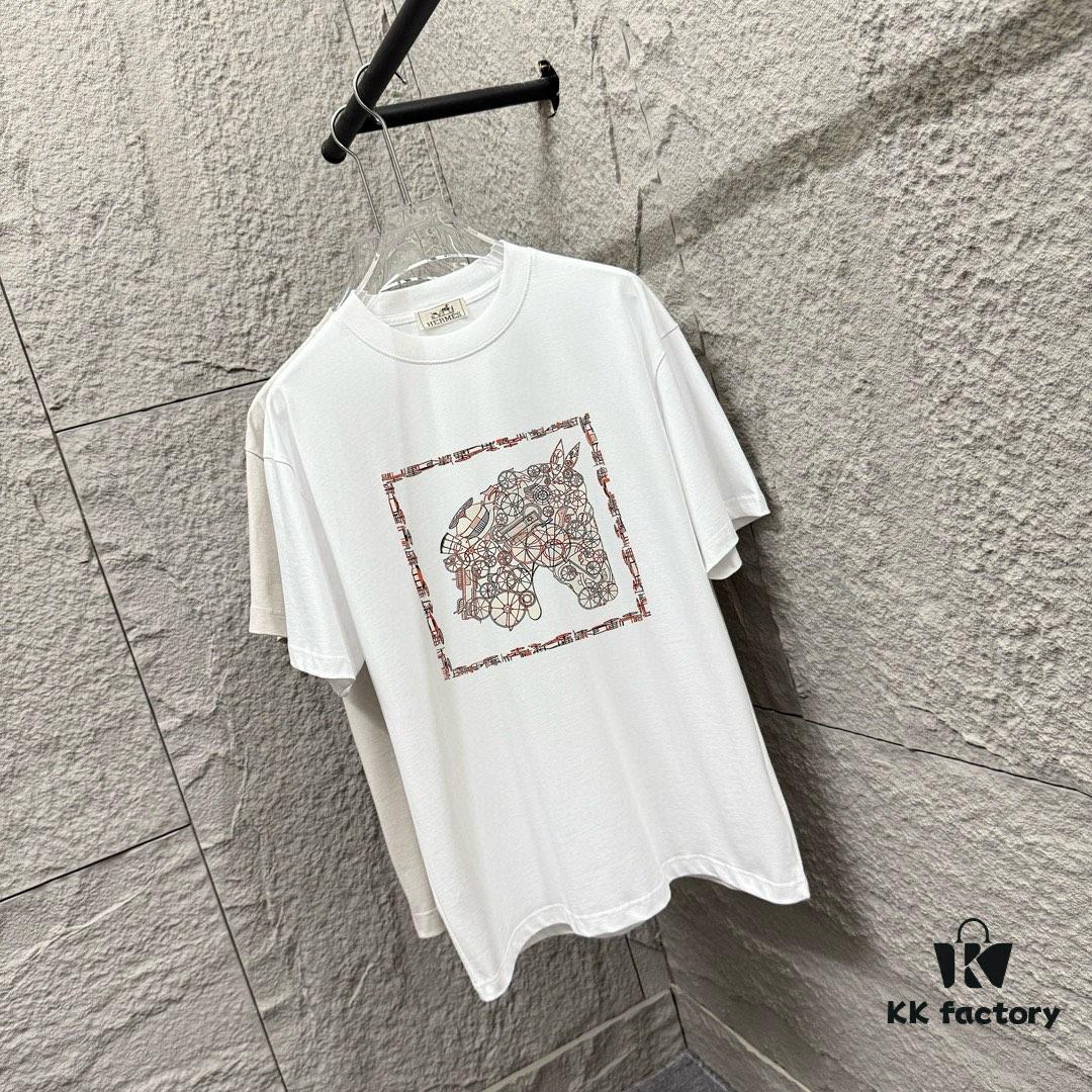 6931a29bccd8ab3d7af96b2b Hermes 2025 Spring/Summer New Arrival Mechanical Horse Print Custom Double Gauze Plain Cotton Short Sleeve T-Shirt Unisex