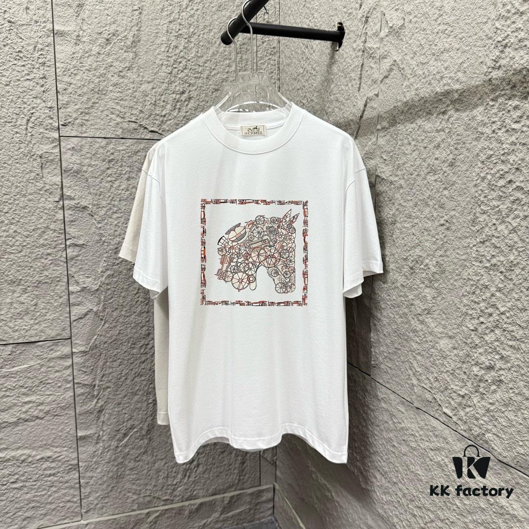 6931a29bccd8ab3d7af96b2c Hermes 2025 Spring/Summer New Arrival Mechanical Horse Print Custom Double Gauze Plain Cotton Short Sleeve T-Shirt Unisex