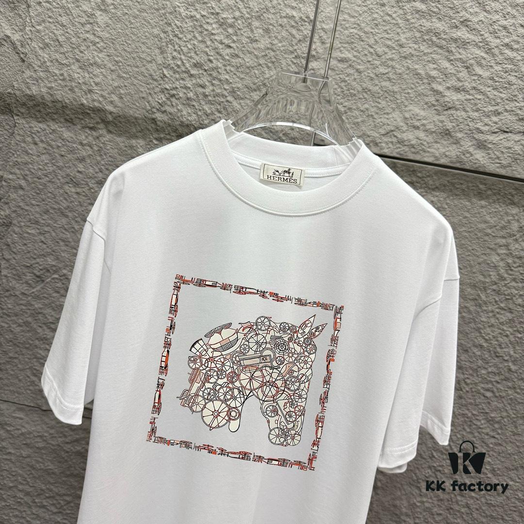 6931a29bccd8ab3d7af96b2d Hermes 2025 Spring/Summer New Arrival Mechanical Horse Print Custom Double Gauze Plain Cotton Short Sleeve T-Shirt Unisex