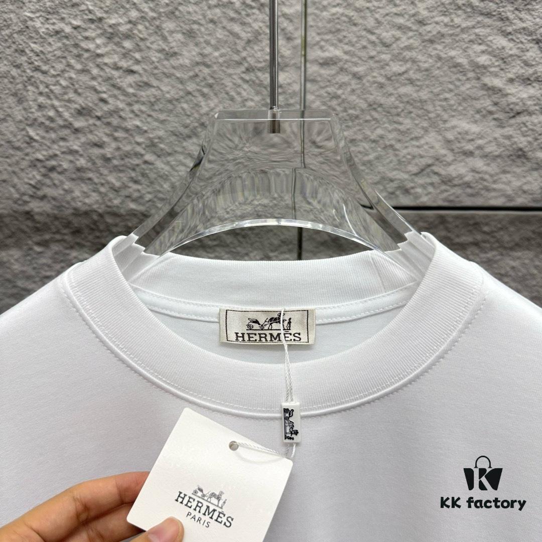 6931a29bccd8ab3d7af96b2f Hermes 2025 Spring/Summer New Arrival Mechanical Horse Print Custom Double Gauze Plain Cotton Short Sleeve T-Shirt Unisex
