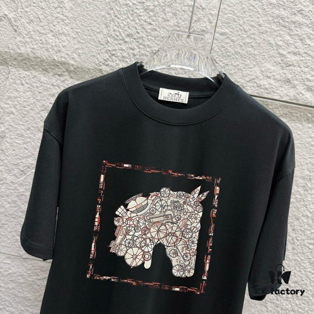 6931a29cccd8ab3d7af96b34 Hermes 2025 Spring/Summer New Arrival Mechanical Horse Print Custom Double Gauze Plain Cotton Short Sleeve T-Shirt Unisex