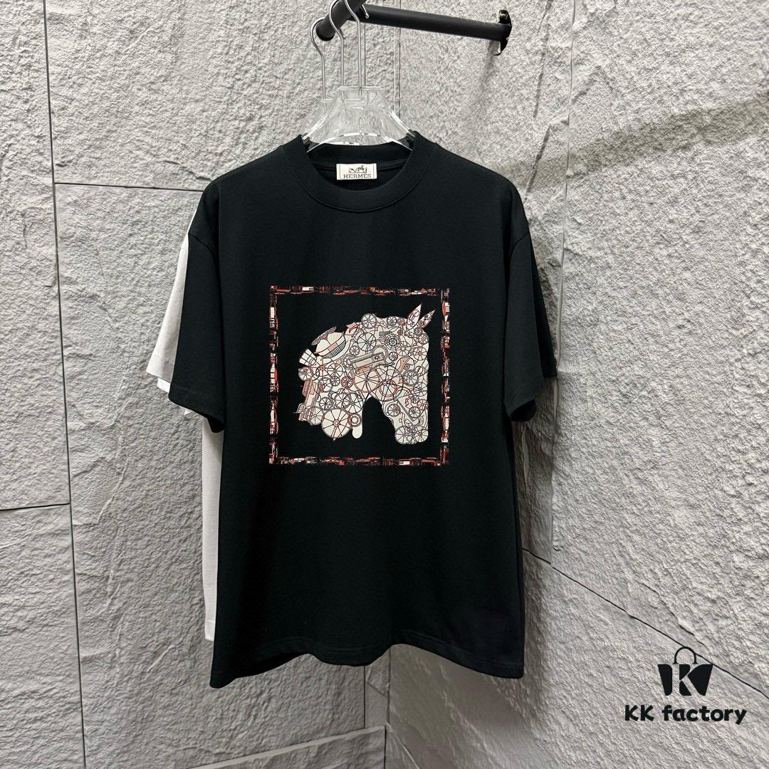 6931a29cccd8ab3d7af96b35 Hermes 2025 Spring/Summer New Arrival Mechanical Horse Print Custom Double Gauze Plain Cotton Short Sleeve T-Shirt Unisex