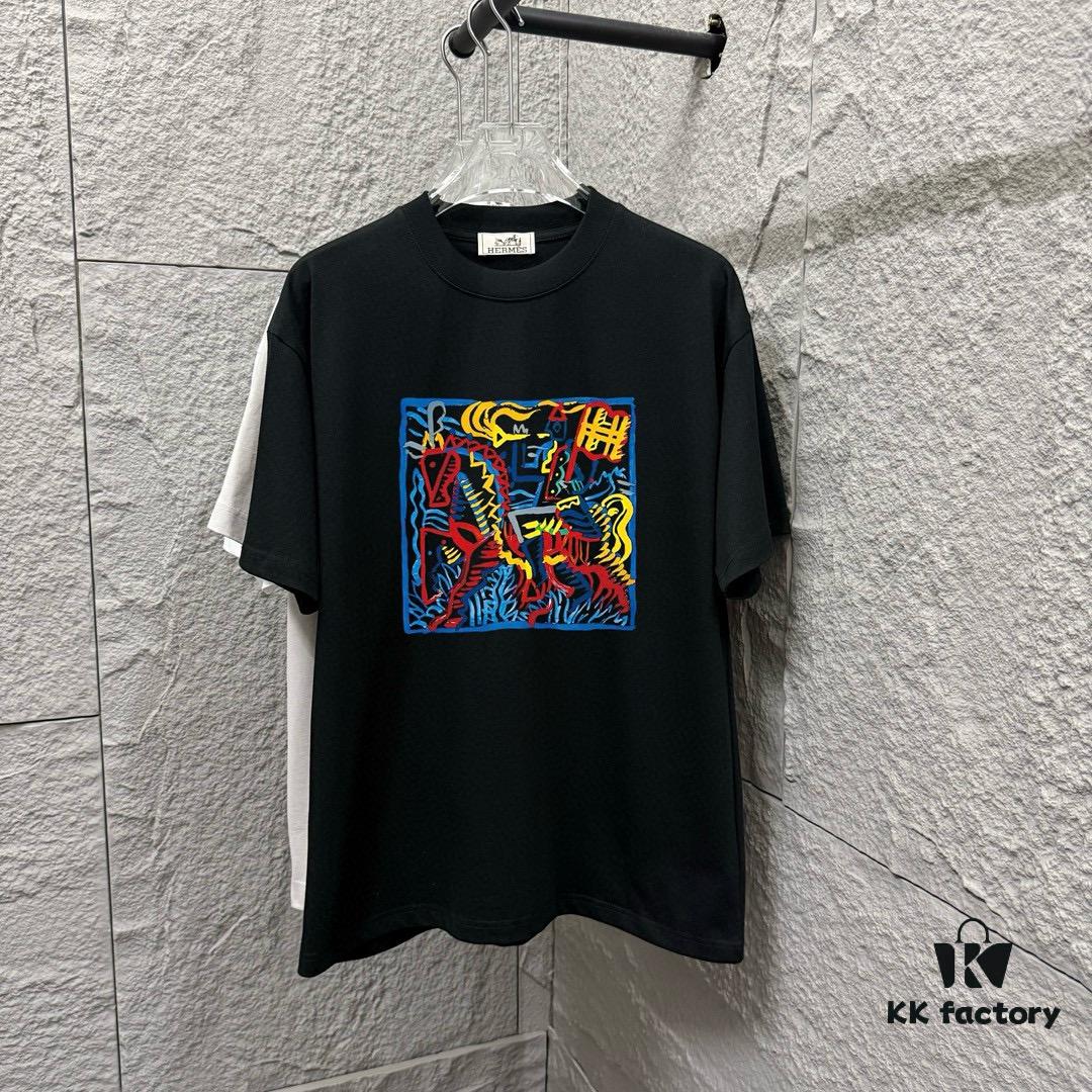 6931a29cccd8ab3d7af96b3d Hermes+ 2025 Spring/Summer New Arrival Classic Totem Abstract Line Horse Print Custom Double Gauze Plain Cotton Short Sleeve T-Shirt Unisex