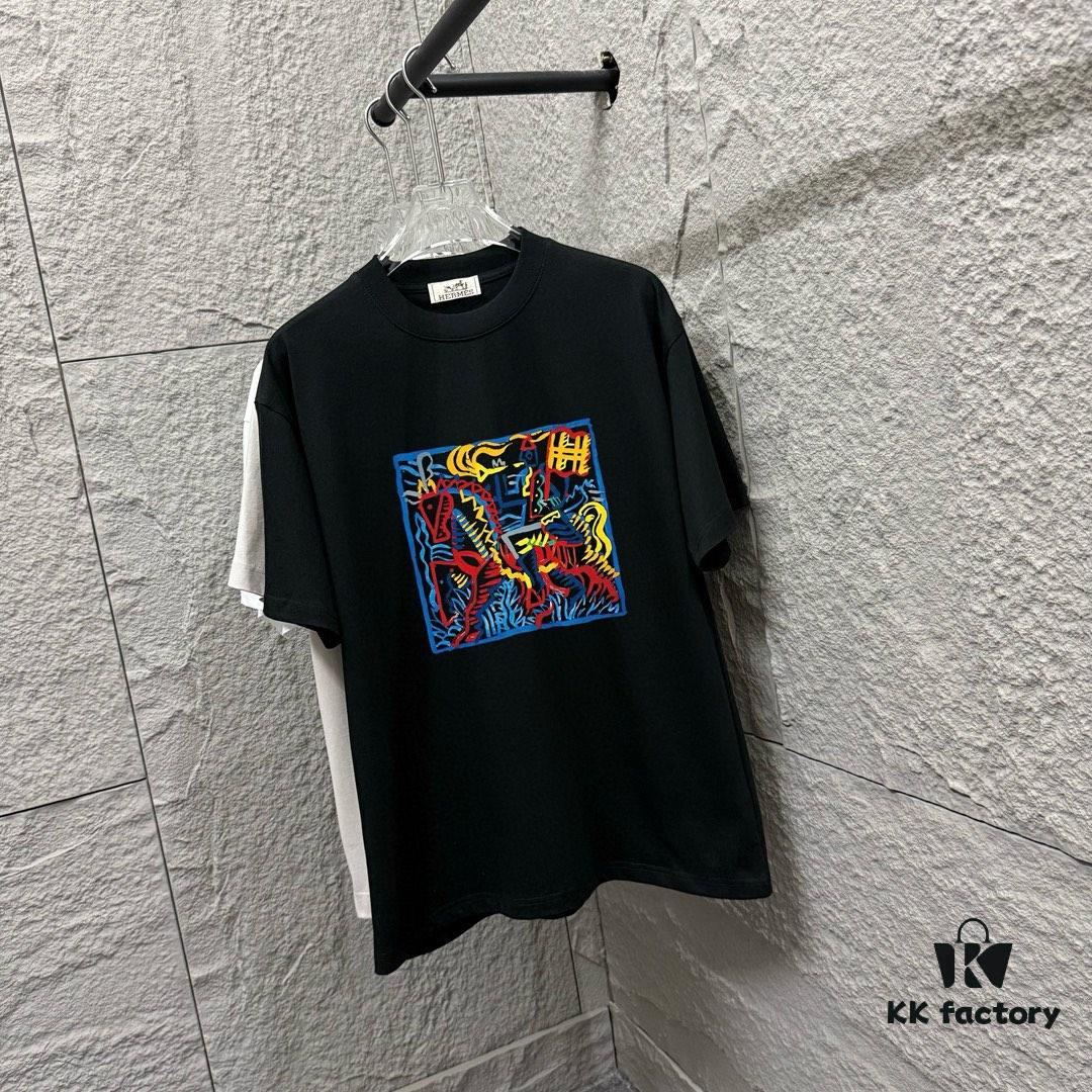 6931a29cccd8ab3d7af96b3f Hermes+ 2025 Spring/Summer New Arrival Classic Totem Abstract Line Horse Print Custom Double Gauze Plain Cotton Short Sleeve T-Shirt Unisex