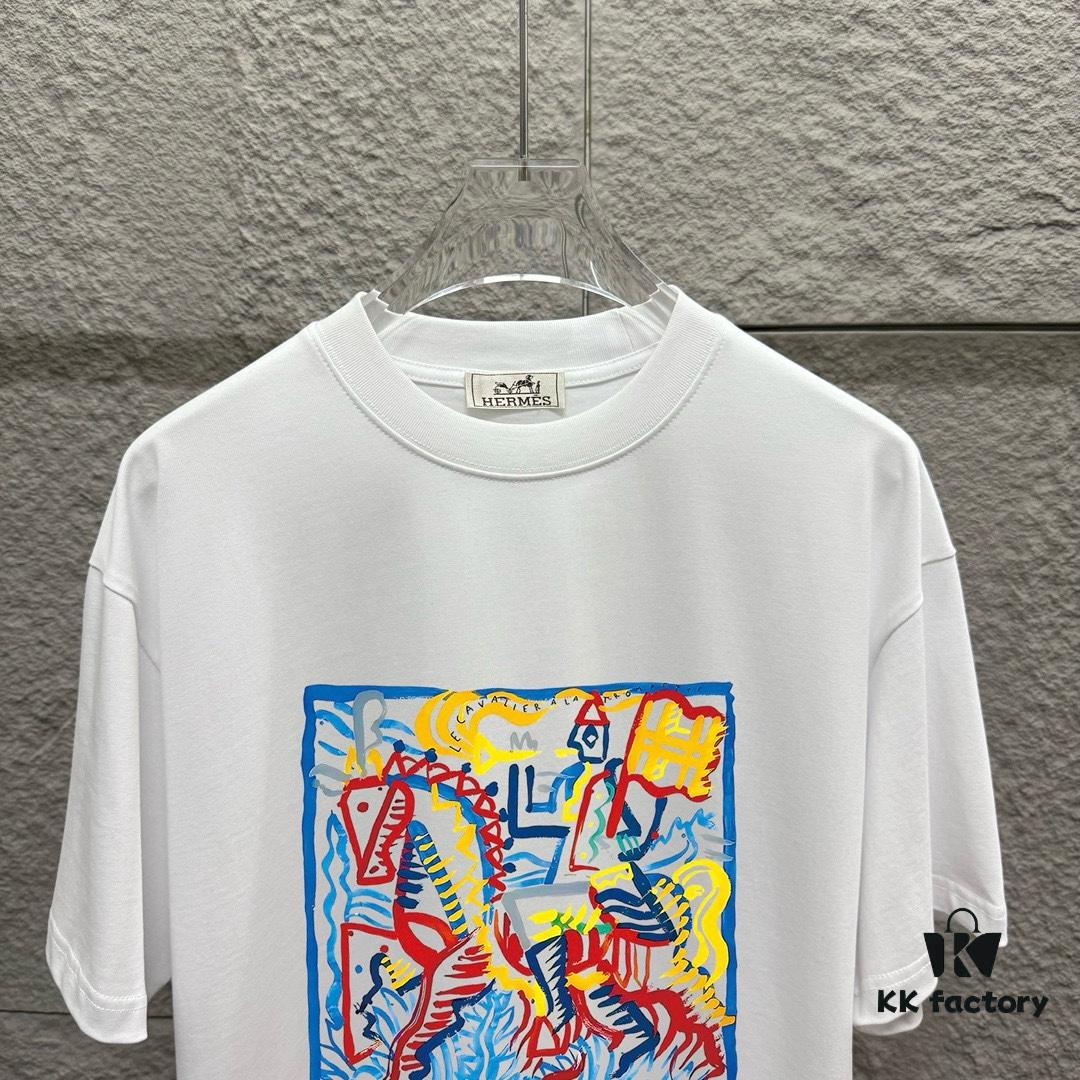 6931a29dccd8ab3d7af96b46 Hermes+ 2025 Spring/Summer New Arrival Classic Totem Abstract Line Horse Print Custom Double Gauze Plain Cotton Short Sleeve T-Shirt Unisex