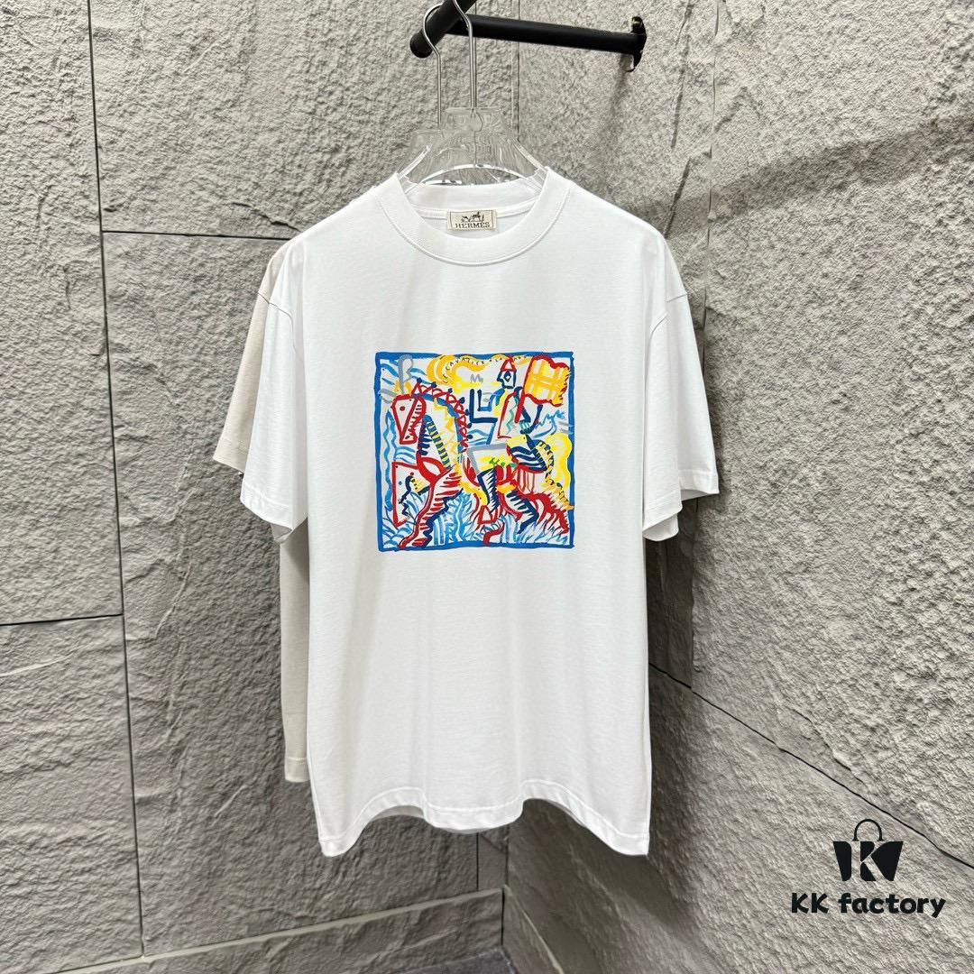 6931a29dccd8ab3d7af96b47 Hermes+ 2025 Spring/Summer New Arrival Classic Totem Abstract Line Horse Print Custom Double Gauze Plain Cotton Short Sleeve T-Shirt Unisex