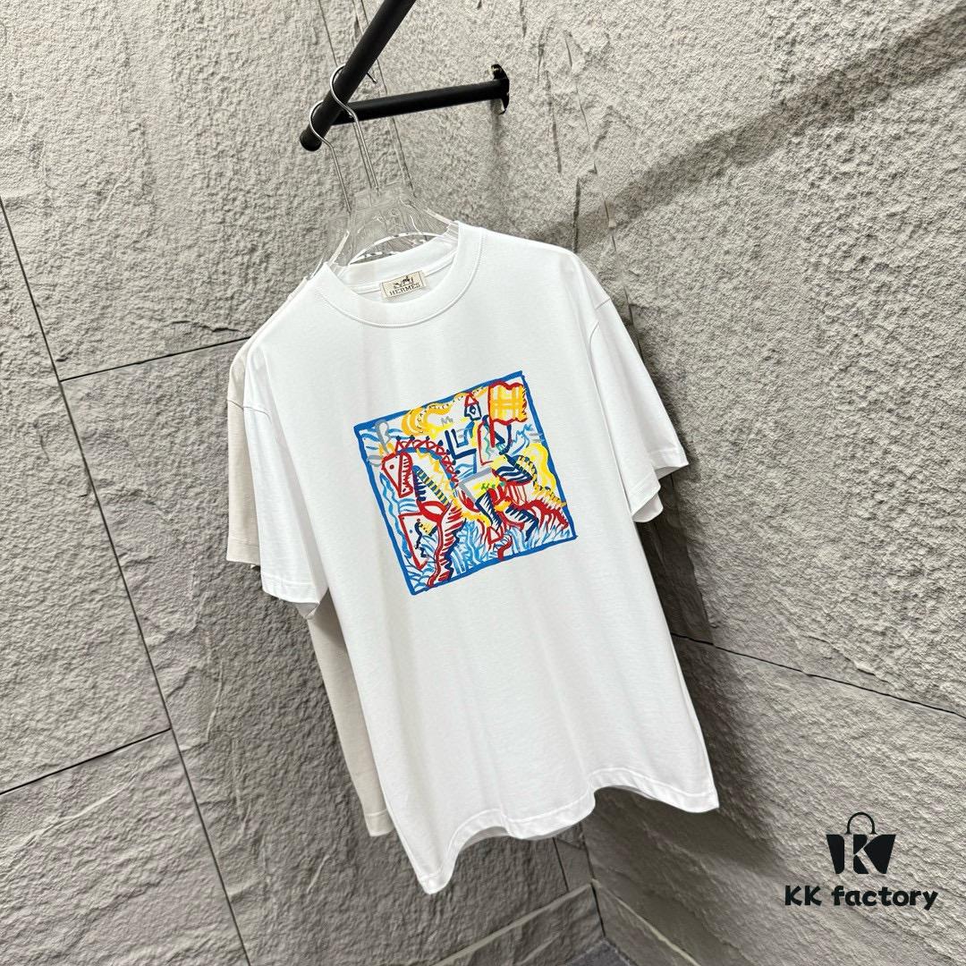 6931a29dccd8ab3d7af96b48 Hermes+ 2025 Spring/Summer New Arrival Classic Totem Abstract Line Horse Print Custom Double Gauze Plain Cotton Short Sleeve T-Shirt Unisex