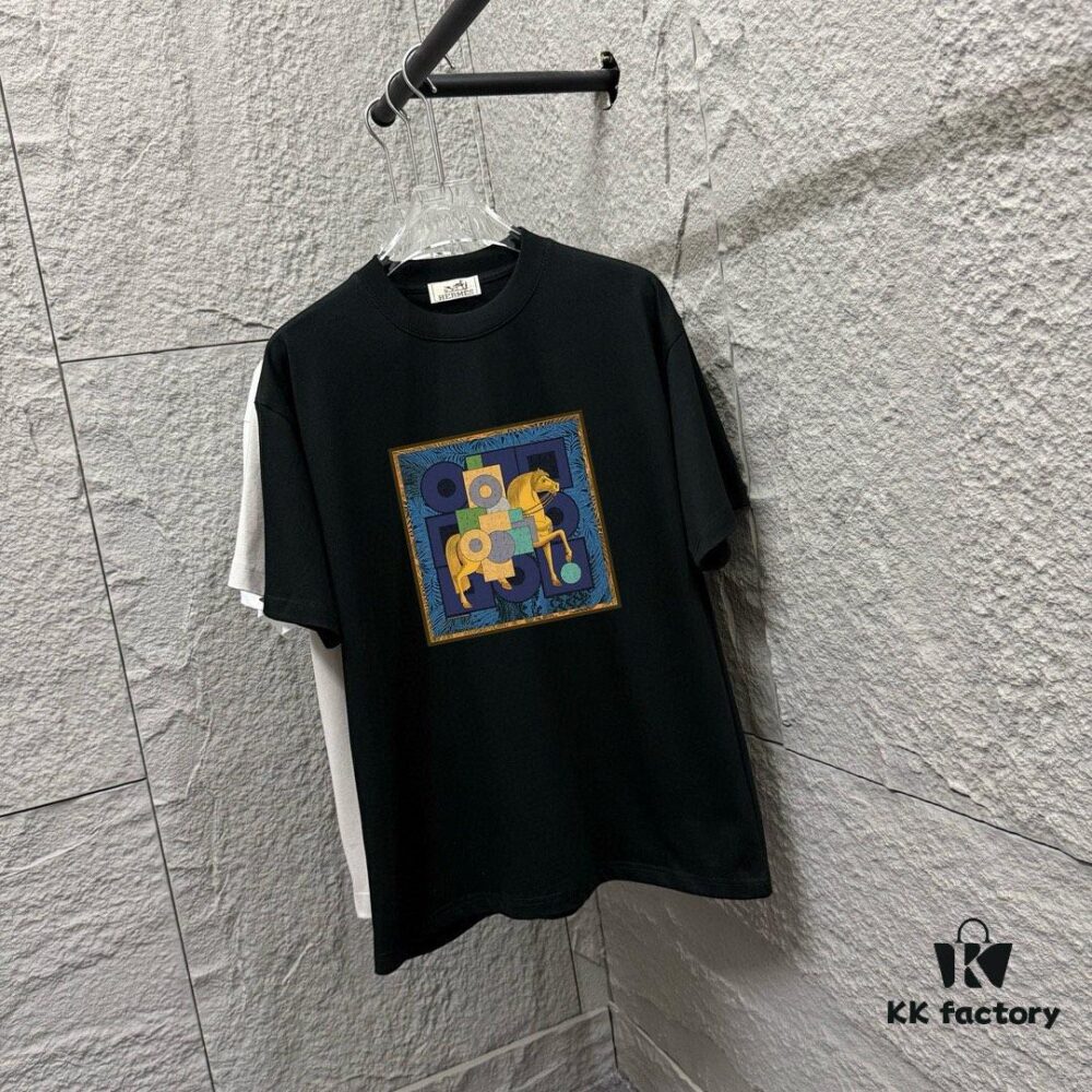 Hermes-inspired 2025 Spring/Summer New Arrival Classic Totem Block Horse Print Custom Double Gauze Plain Weave 100% Cotton Short Sleeve T-Shirt Unisex