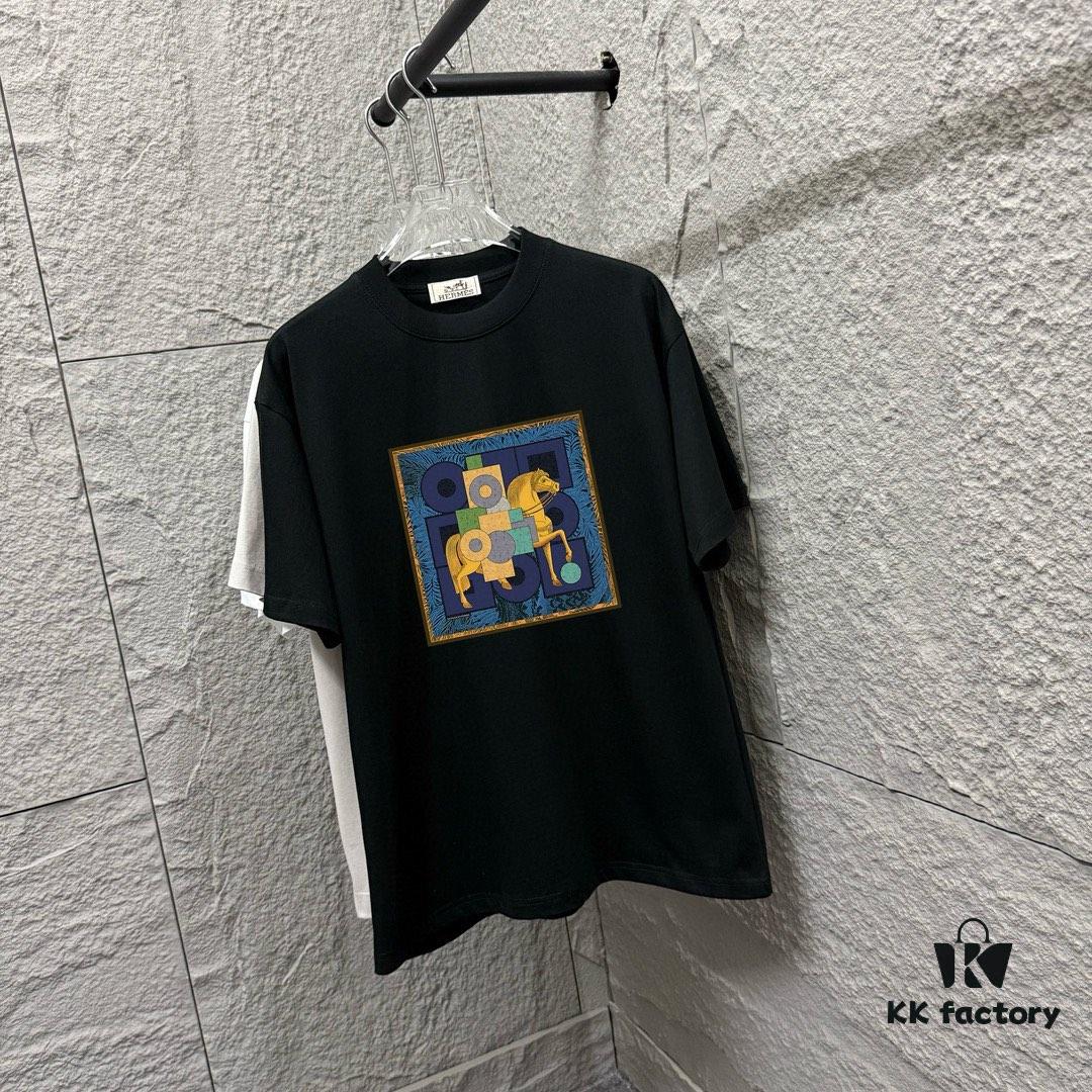 6931a29dccd8ab3d7af96b4f Hermes-inspired 2025 Spring/Summer New Arrival Classic Totem Block Horse Print Custom Double Gauze Plain Weave 100% Cotton Short Sleeve T-Shirt Unisex