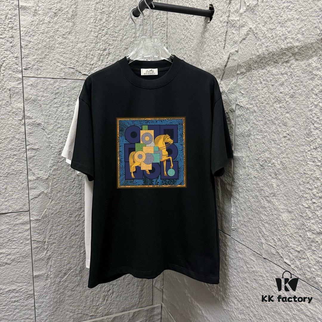 6931a29dccd8ab3d7af96b51 Hermes-inspired 2025 Spring/Summer New Arrival Classic Totem Block Horse Print Custom Double Gauze Plain Weave 100% Cotton Short Sleeve T-Shirt Unisex