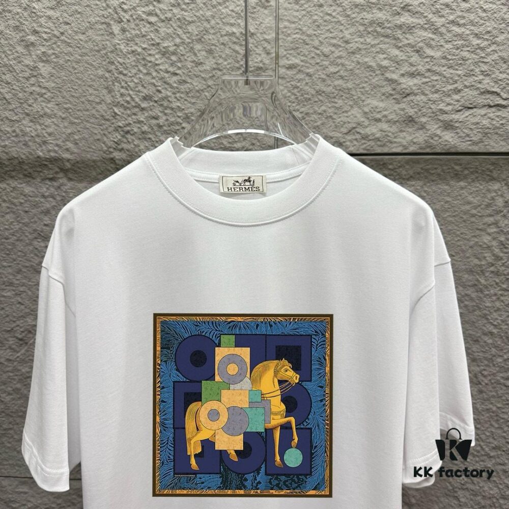 6931a29eccd8ab3d7af96b5b Hermès Inspired 2025 Spring/Summer New Arrival Classic Totem Building Block Horse Print Custom Double Gauze Plain Weave 100% Cotton Short Sleeve T-Shirt Unisex