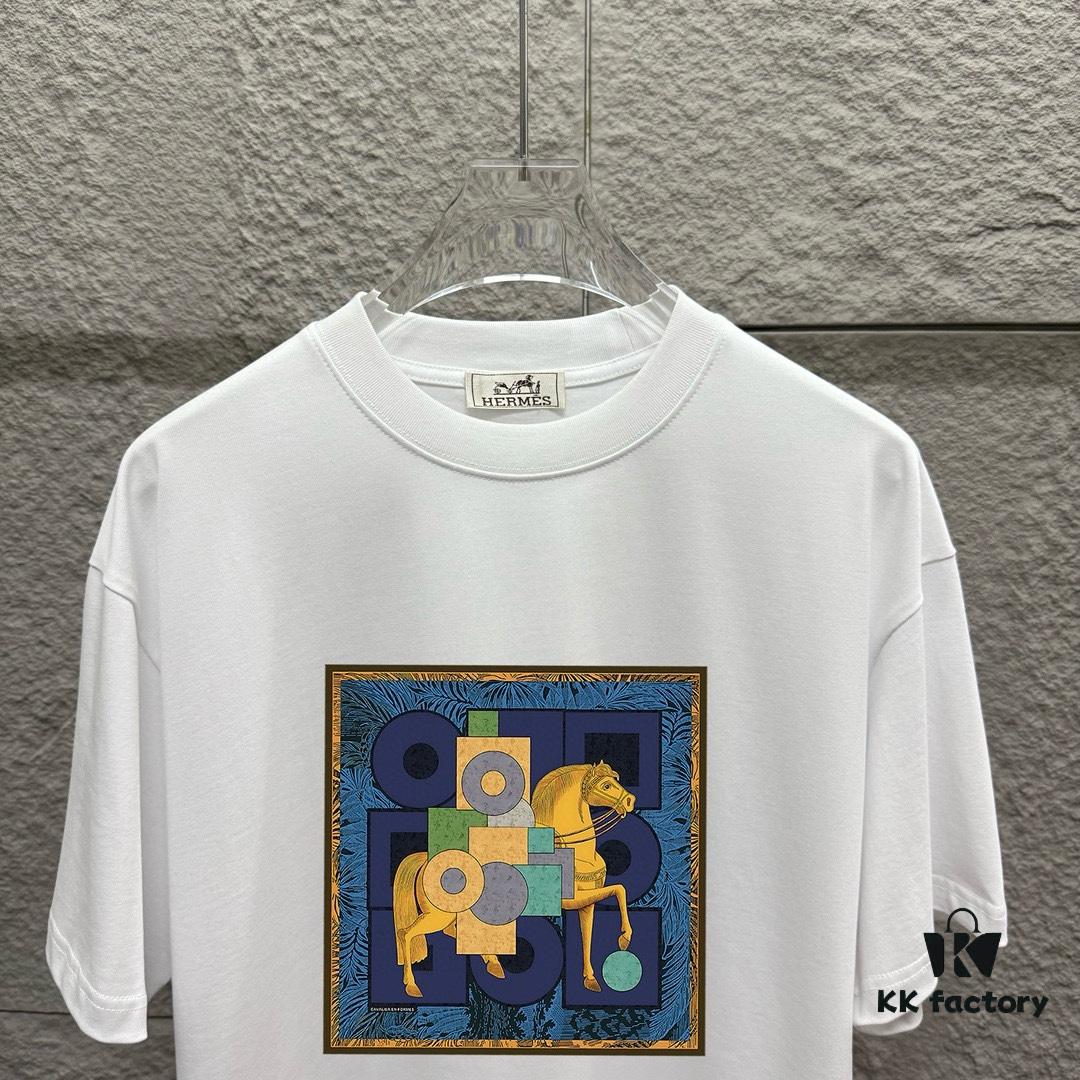 6931a29eccd8ab3d7af96b5b Hermès Inspired 2025 Spring/Summer New Arrival Classic Totem Building Block Horse Print Custom Double Gauze Plain Weave 100% Cotton Short Sleeve T-Shirt Unisex