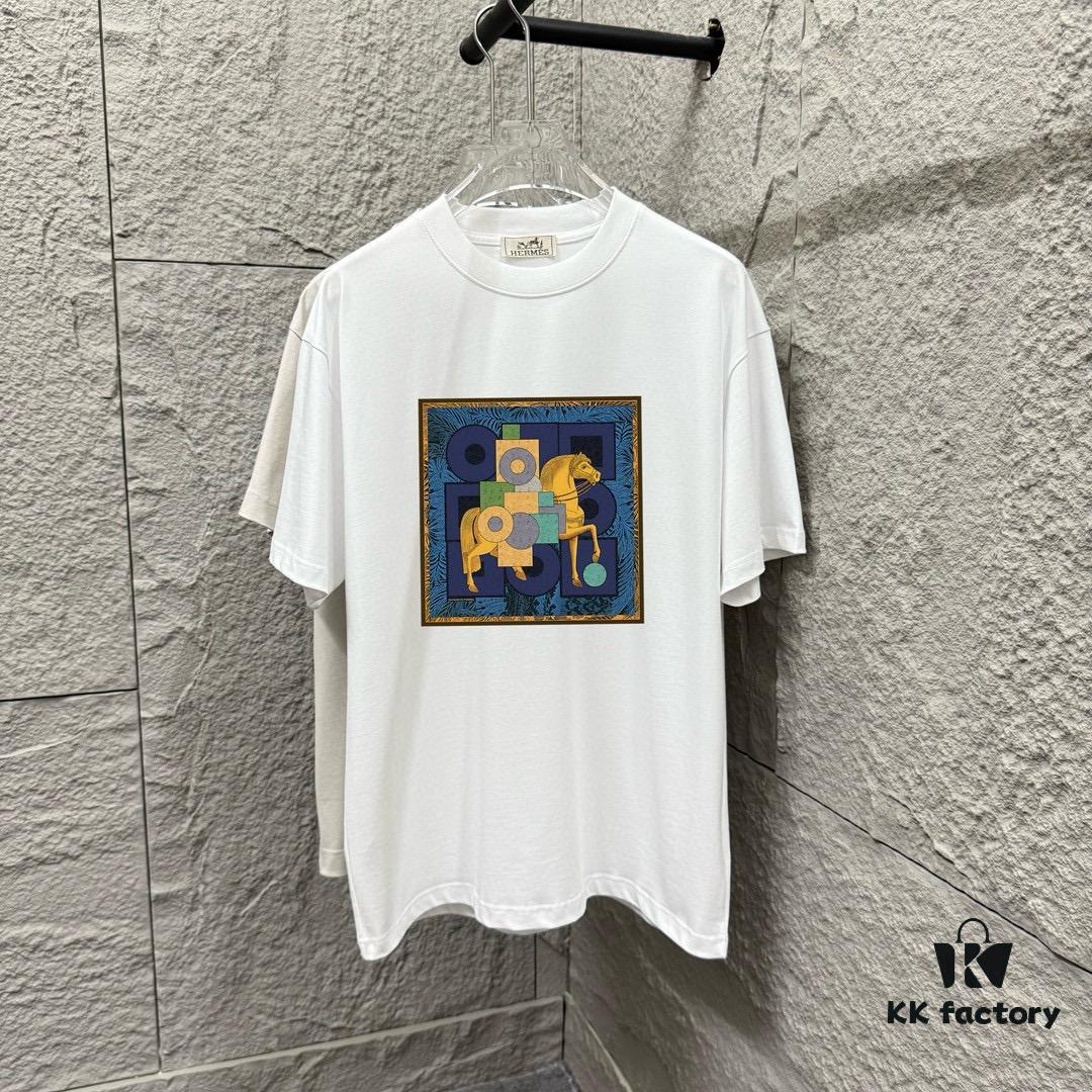 6931a29eccd8ab3d7af96b5c Hermès Inspired 2025 Spring/Summer New Arrival Classic Totem Building Block Horse Print Custom Double Gauze Plain Weave 100% Cotton Short Sleeve T-Shirt Unisex