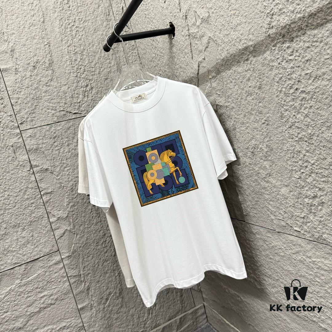 6931a29eccd8ab3d7af96b5d Hermès Inspired 2025 Spring/Summer New Arrival Classic Totem Building Block Horse Print Custom Double Gauze Plain Weave 100% Cotton Short Sleeve T-Shirt Unisex