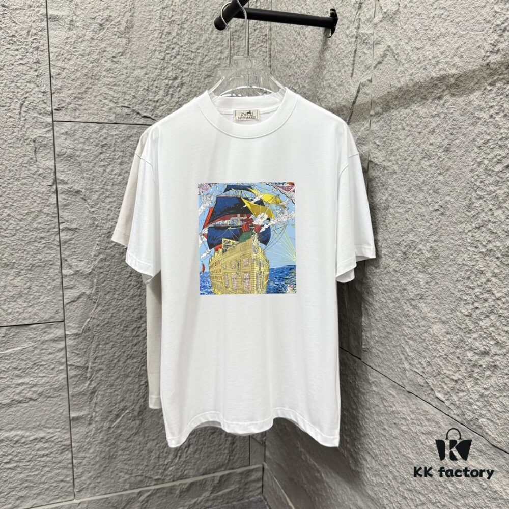 6931a29eccd8ab3d7af96b64 Hermes 2025 Spring/Summer New Arrival Sky Sea Freedom Boat Print Custom Double Gauze Plain Cotton Short Sleeve T-Shirt Unisex
