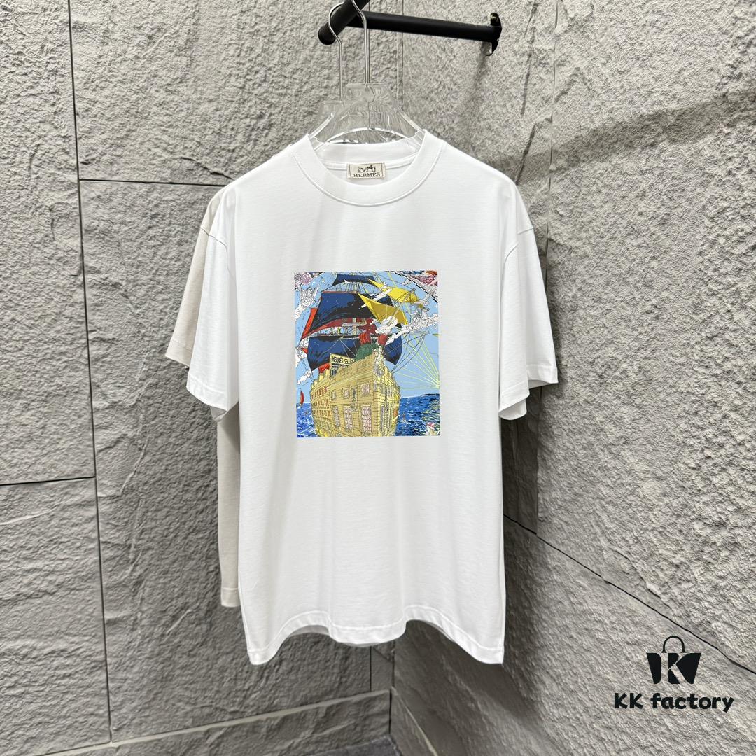 6931a29eccd8ab3d7af96b64 Hermes 2025 Spring/Summer New Arrival Sky Sea Freedom Boat Print Custom Double Gauze Plain Cotton Short Sleeve T-Shirt Unisex