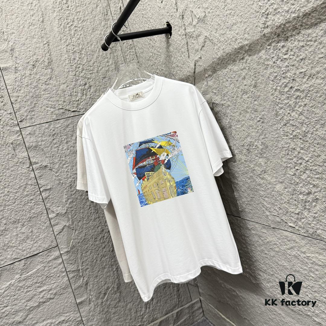 6931a29eccd8ab3d7af96b65 Hermes 2025 Spring/Summer New Arrival Sky Sea Freedom Boat Print Custom Double Gauze Plain Cotton Short Sleeve T-Shirt Unisex