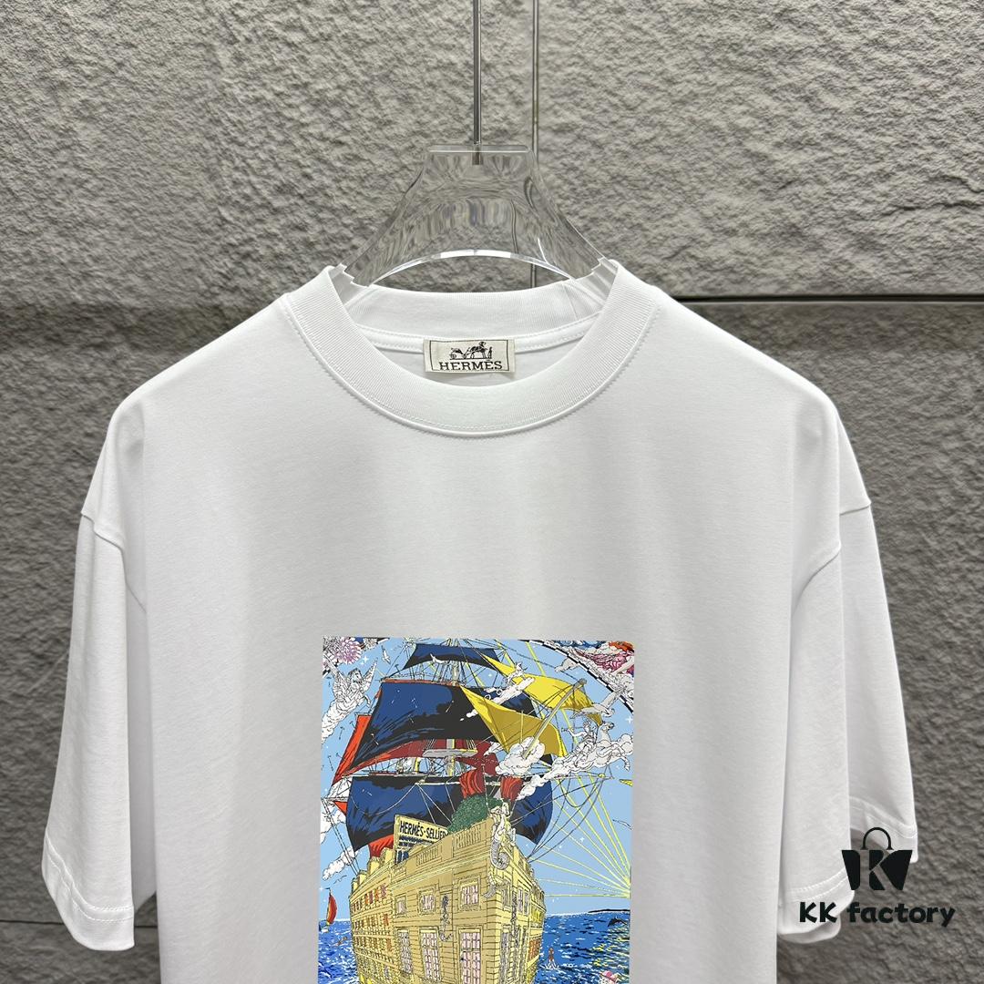 6931a29eccd8ab3d7af96b66 Hermes 2025 Spring/Summer New Arrival Sky Sea Freedom Boat Print Custom Double Gauze Plain Cotton Short Sleeve T-Shirt Unisex