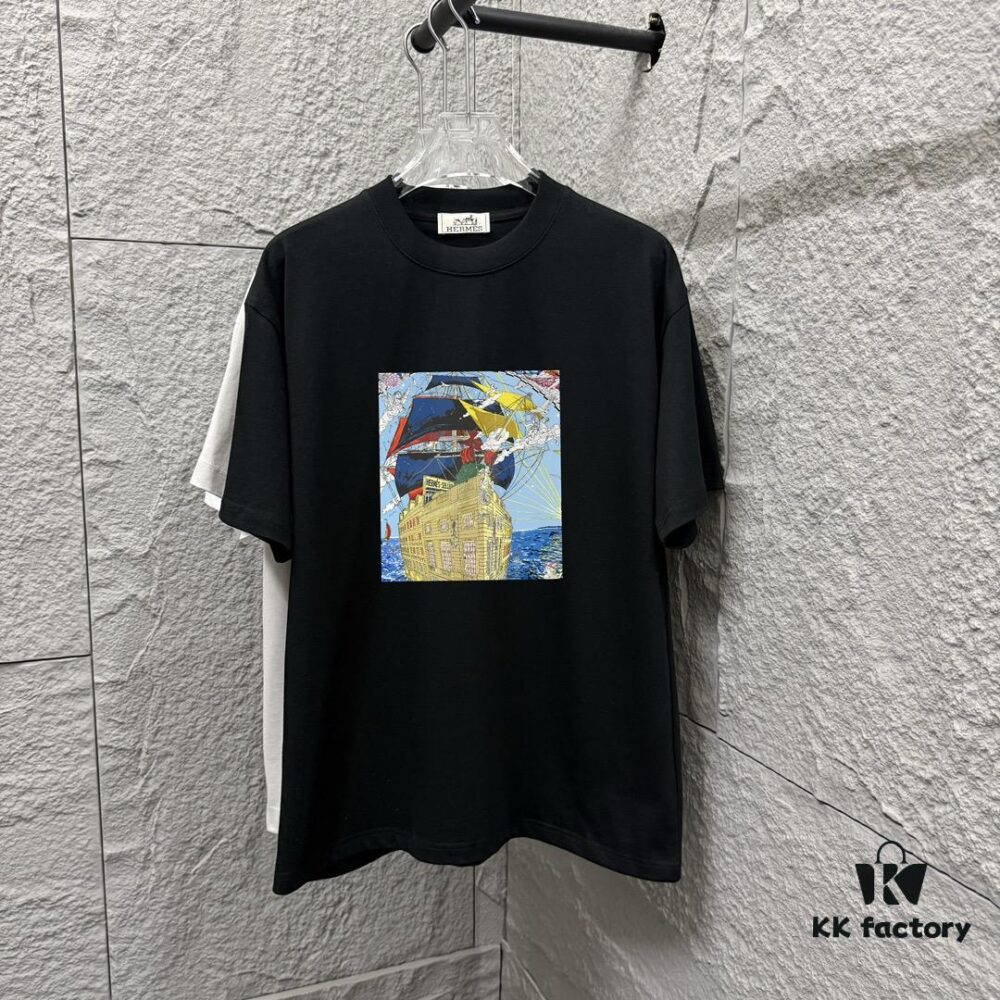 6931a29fccd8ab3d7af96b6d Hermes 2025 Spring/Summer New Arrival Sky Sea Freedom Ship Print Custom Double Gauze Plain Cotton Short Sleeve T-Shirt Unisex