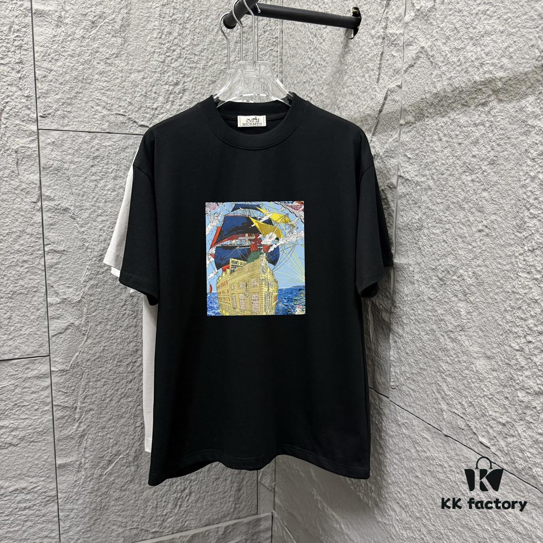 6931a29fccd8ab3d7af96b6d Hermes 2025 Spring/Summer New Arrival Sky Sea Freedom Ship Print Custom Double Gauze Plain Cotton Short Sleeve T-Shirt Unisex