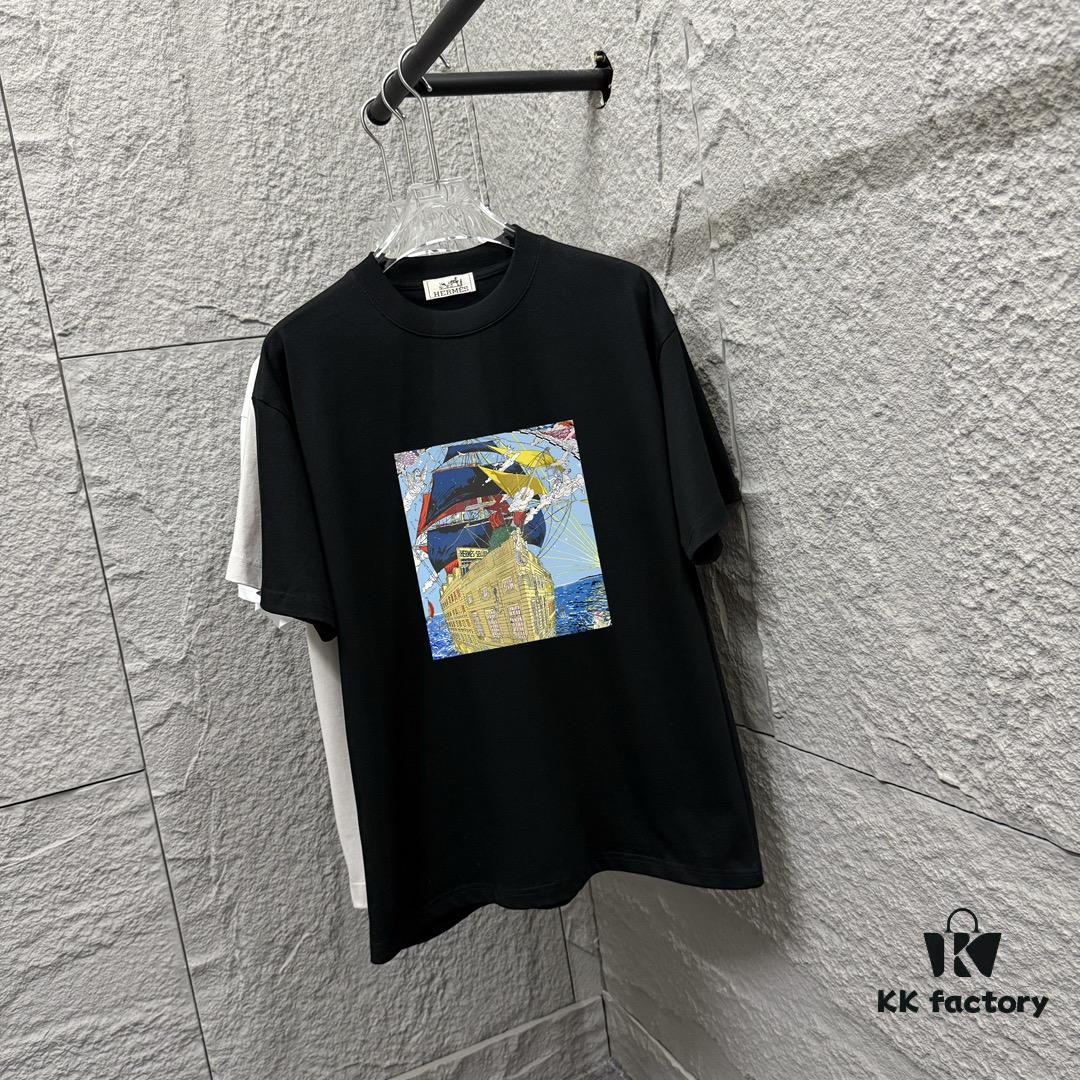 6931a29fccd8ab3d7af96b6e Hermes 2025 Spring/Summer New Arrival Sky Sea Freedom Ship Print Custom Double Gauze Plain Cotton Short Sleeve T-Shirt Unisex
