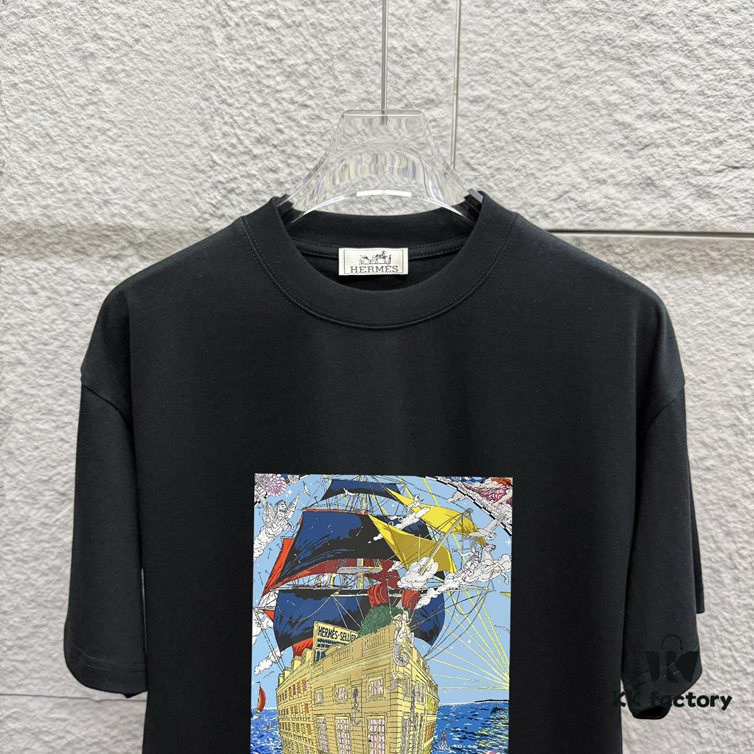 6931a29fccd8ab3d7af96b6f Hermes 2025 Spring/Summer New Arrival Sky Sea Freedom Ship Print Custom Double Gauze Plain Cotton Short Sleeve T-Shirt Unisex