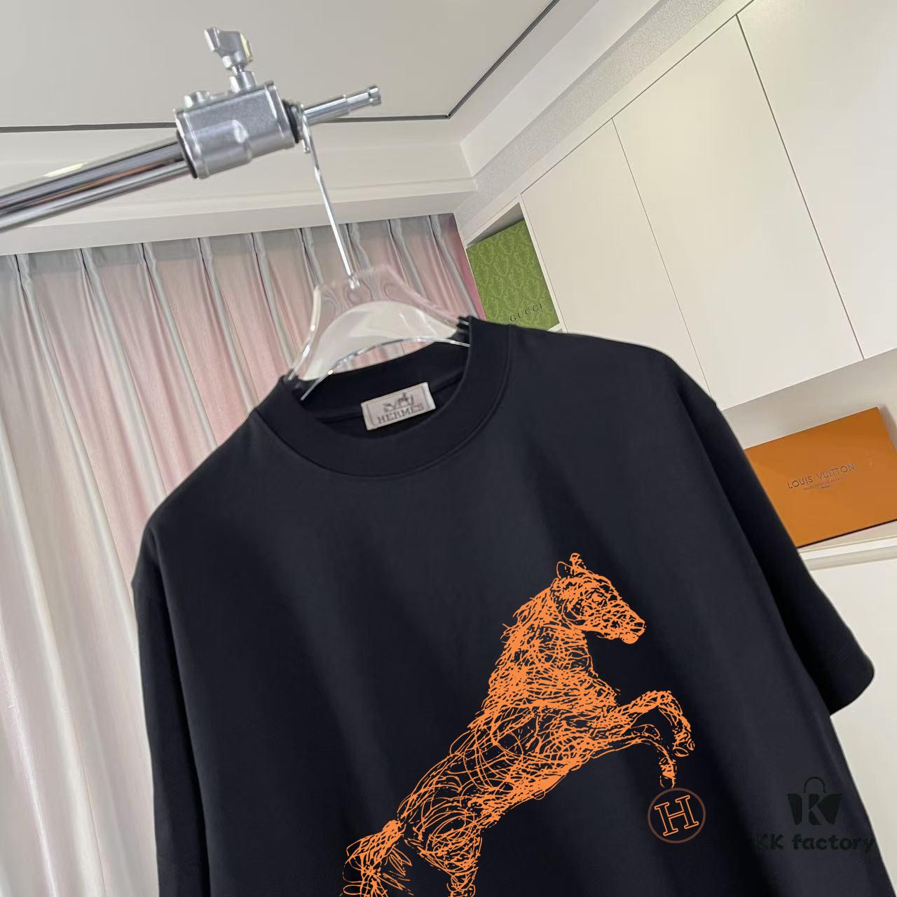 Hermes 2025 Spring/Summer New Arrival Personalized Logo Print Custom Fabric 300g Short Sleeve T-Shirt Unisex
