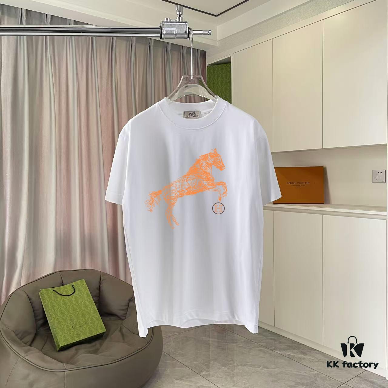 Hermes 2025 Spring/Summer New Arrival Personalized Logo Print Custom Fabric 300g Short Sleeve T-Shirt Unisex