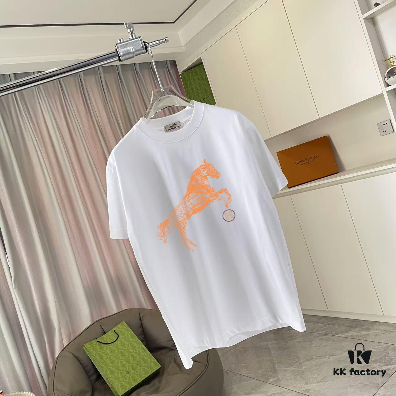 Hermes 2025 Spring/Summer New Arrival Personalized Logo Print Custom Fabric 300g Short Sleeve T-Shirt Unisex