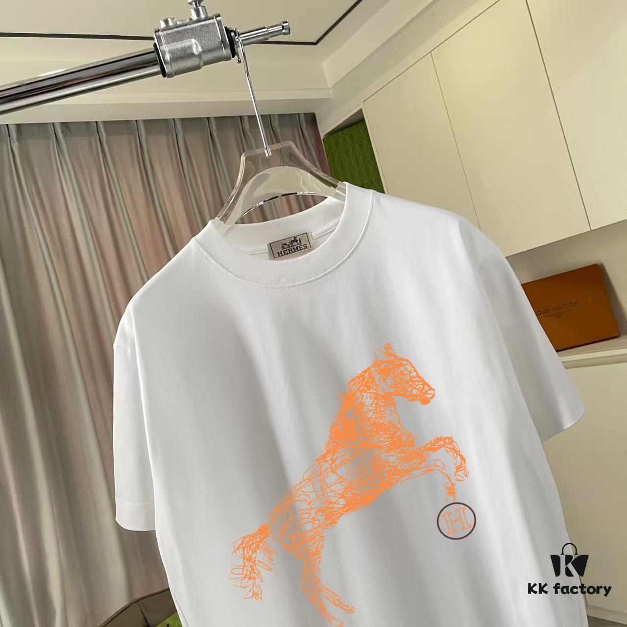 Hermes 2025 Spring/Summer New Arrival Personalized Logo Print Custom Fabric 300g Short Sleeve T-Shirt Unisex
