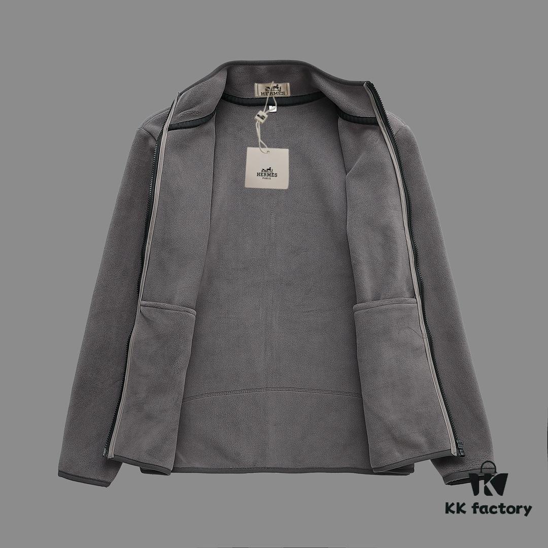 Hermes (Complete Three Labels) 2024 Autumn-Winter Men's Cardigan Crewneck Jacket, Imported Double-Sided Fleece Fabric from Germany