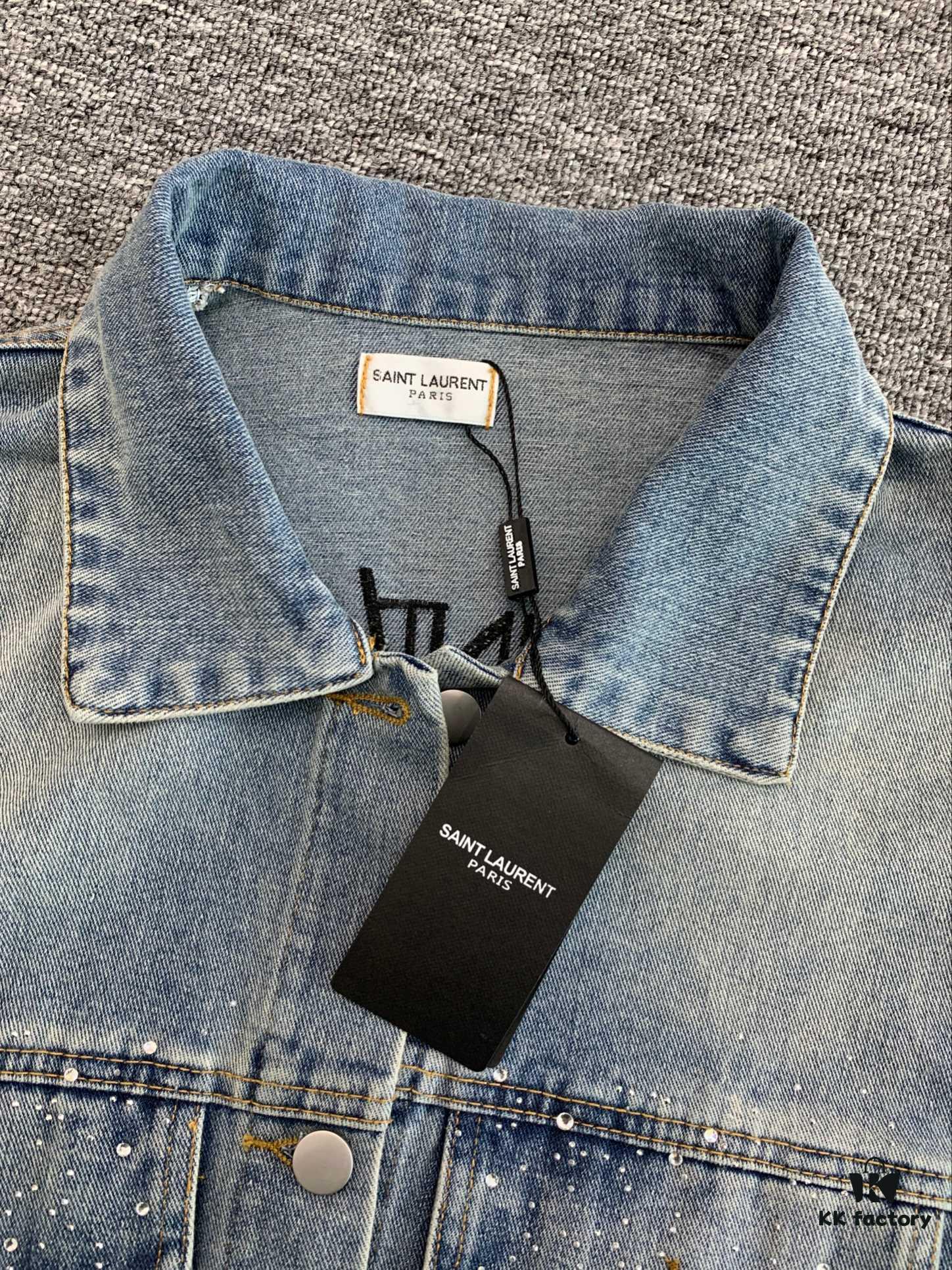 6931a346ccd8ab3d7af977b7 New Saint Laurent YSL Star Sequin Embroidery Distressed Rhinestone Denim Jacket for Men and Women