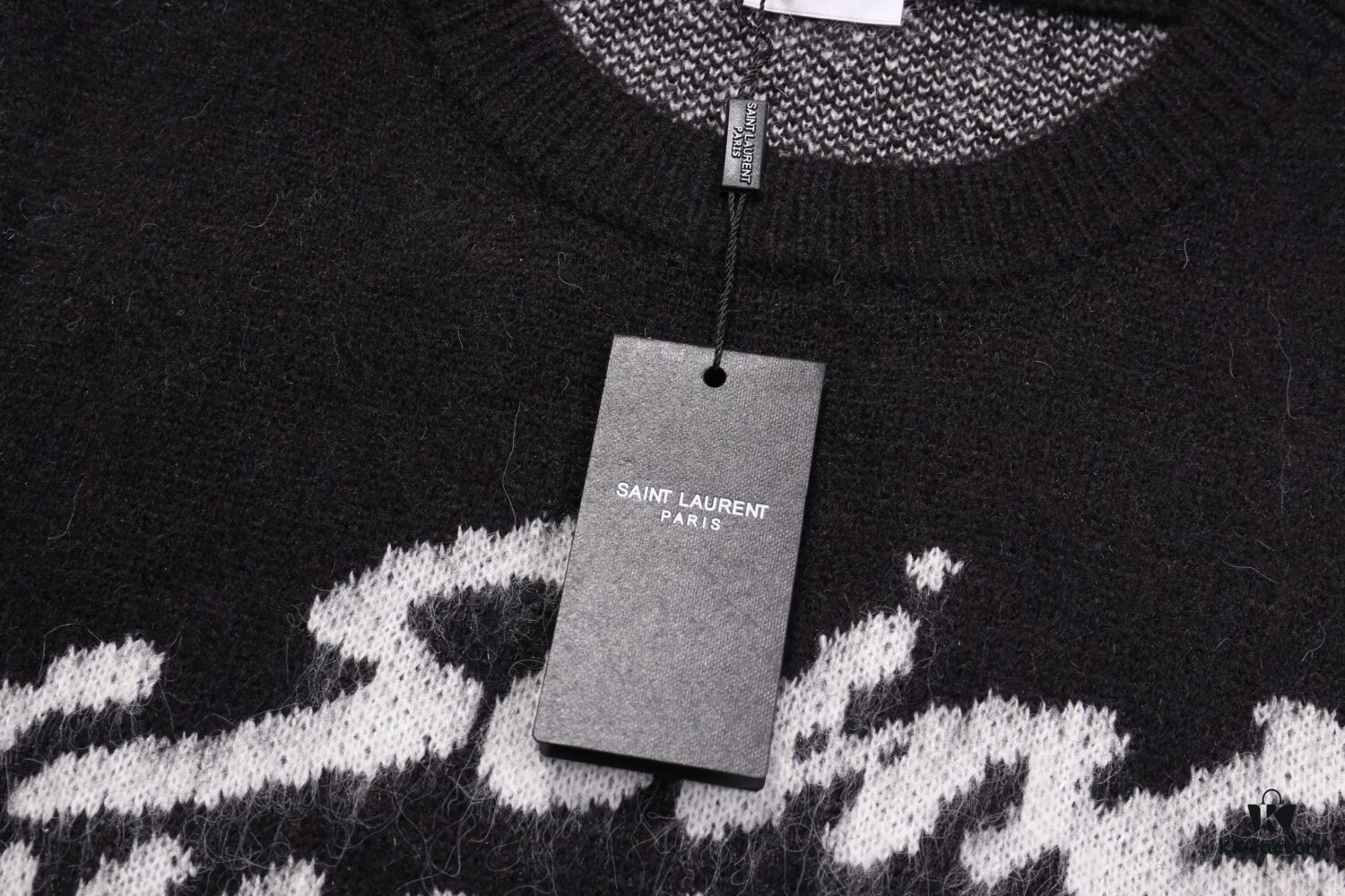 SLY Saint Laurent Script Signature Jacquard Mohair Crew Neck Sweater