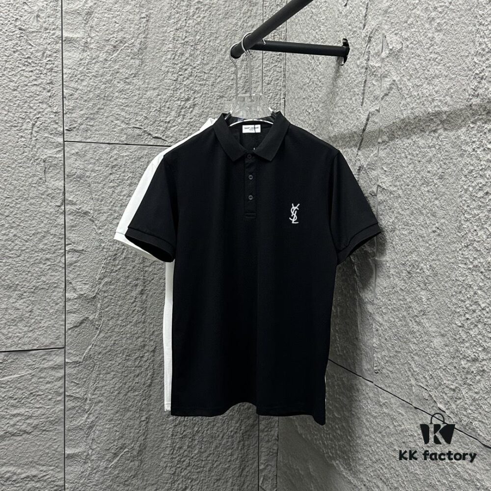 6931a34dccd8ab3d7af97839 YSL Saint Laurent Short-Sleeve Polo Shirt 2025 Spring/Summer New Arrival Minimalist Letter Embroidery Beaded Fabric Unisex Stand-Collar Polo
