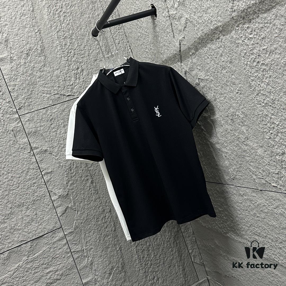 YSL Saint Laurent Short-Sleeve Polo Shirt 2025 Spring/Summer New Arrival Minimalist Letter Embroidery Beaded Fabric Unisex Stand-Collar Polo