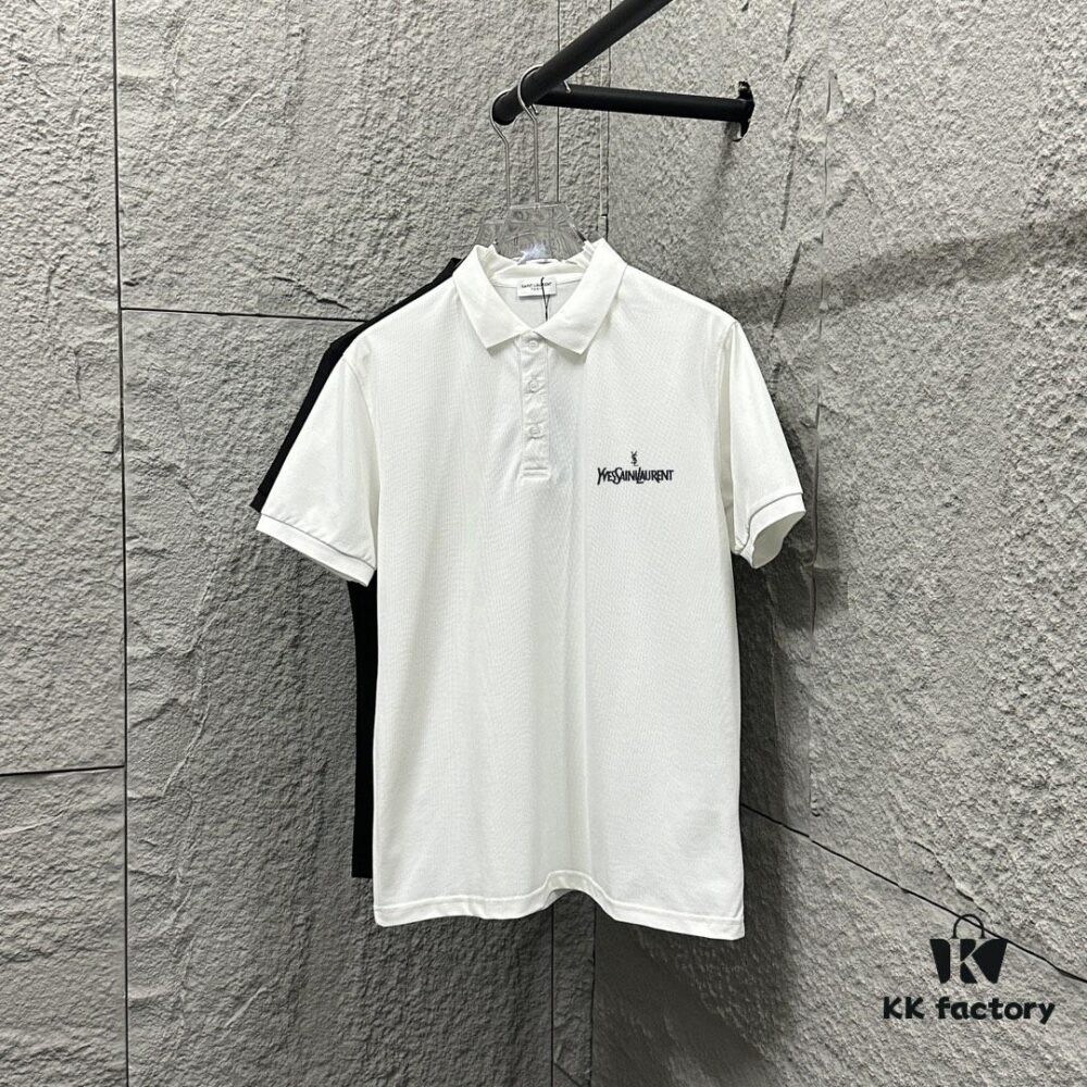 6931a357ccd8ab3d7af97904 YSL Saint Laurent Short-Sleeve Polo 2025 Spring/Summer New Arrival Minimalist Letter Embroidery Beaded Fabric Unisex Stand-Collar Polo