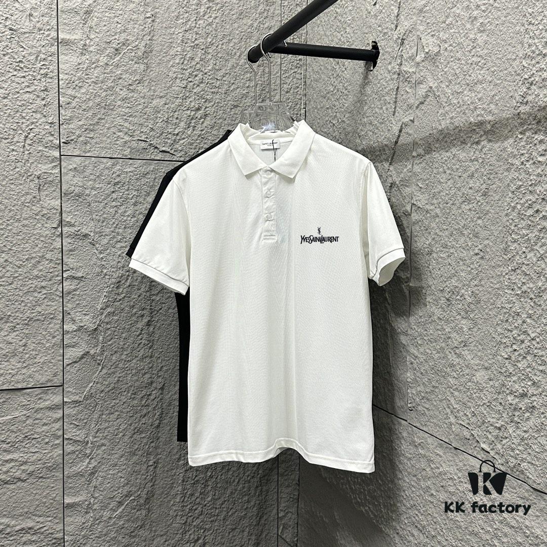 YSL Saint Laurent Short-Sleeve Polo 2025 Spring/Summer New Arrival Minimalist Letter Embroidery Beaded Fabric Unisex Stand-Collar Polo