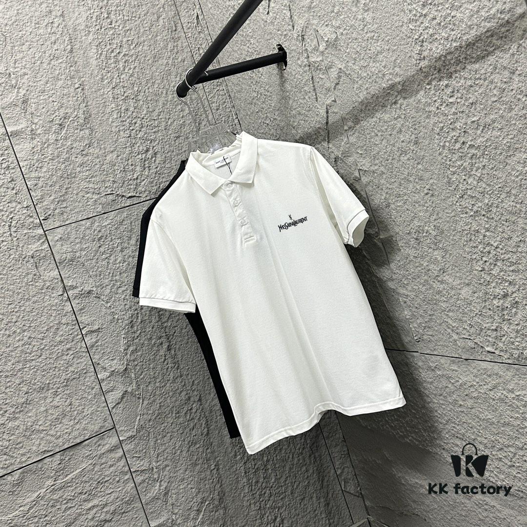 YSL Saint Laurent Short-Sleeve Polo 2025 Spring/Summer New Arrival Minimalist Letter Embroidery Beaded Fabric Unisex Stand-Collar Polo