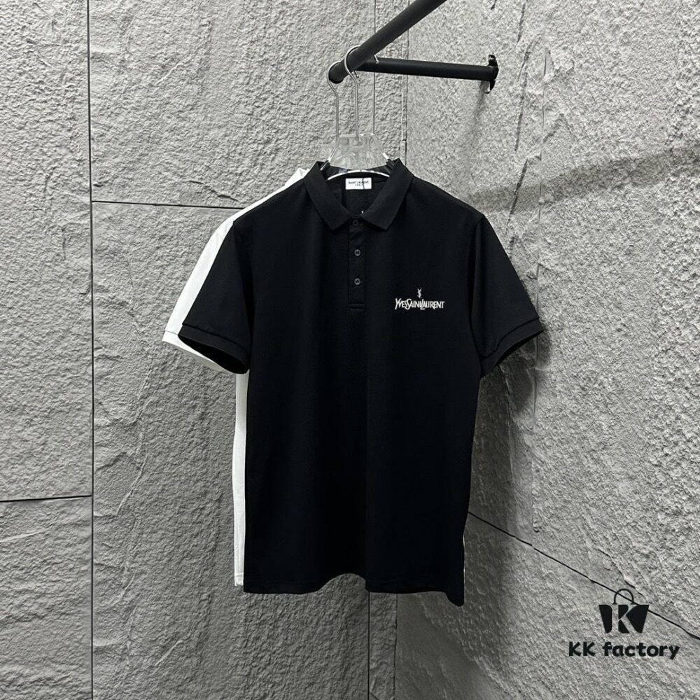 6931a358ccd8ab3d7af9790d YSL Saint Laurent Short-Sleeve Polo 2025 Spring/Summer New Arrival Minimalist Letter Embroidery Beaded Fabric Unisex Polo Collar