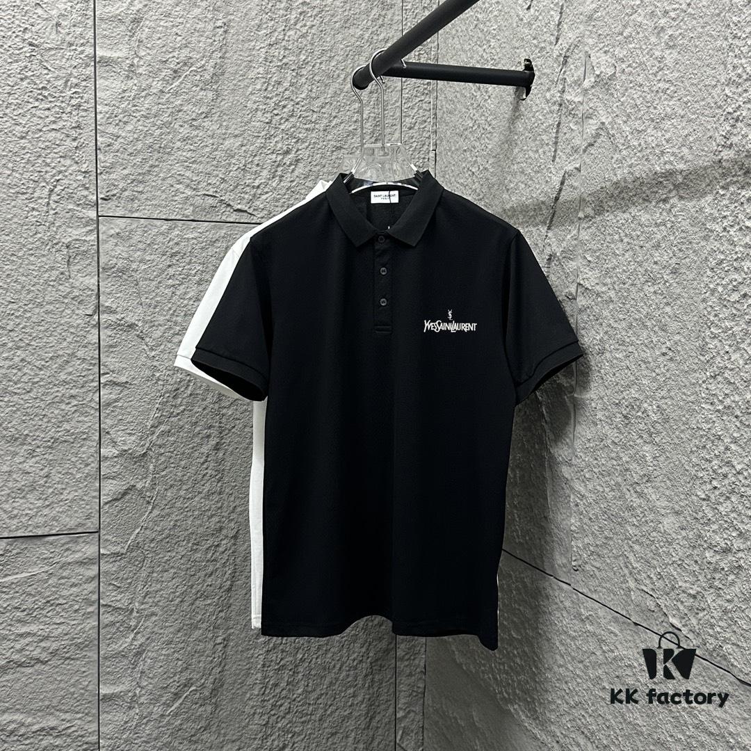 YSL Saint Laurent Short-Sleeve Polo 2025 Spring/Summer New Arrival Minimalist Letter Embroidery Beaded Fabric Unisex Polo Collar