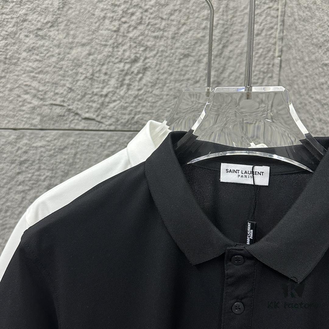 YSL Saint Laurent Short-Sleeve Polo 2025 Spring/Summer New Arrival Minimalist Letter Embroidery Beaded Fabric Unisex Polo Collar