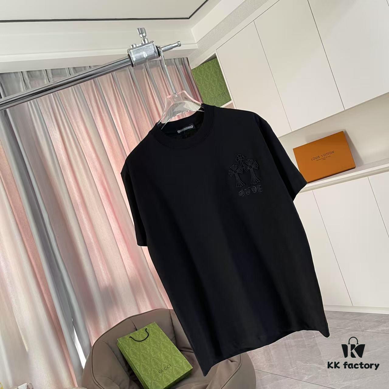 CH Cro * 2025 Summer New Arrival Sanskrit Horse Hoof Cross, Intersecting Vacuum Embroidery Short Sleeve T-Shirt, Custom 300g Fabric, Unisex Design
