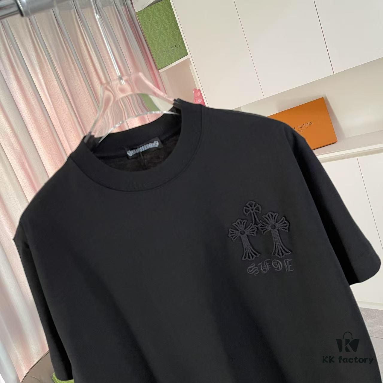 CH Cro * 2025 Summer New Arrival Sanskrit Horse Hoof Cross, Intersecting Vacuum Embroidery Short Sleeve T-Shirt, Custom 300g Fabric, Unisex Design